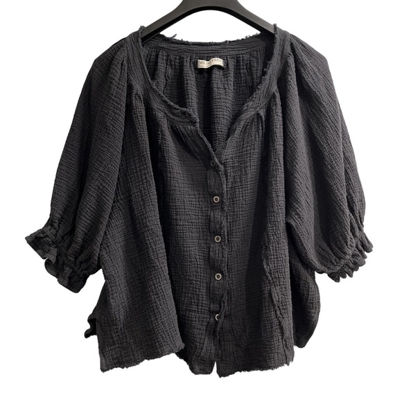 We The Free Tops - We The Free Top Womens L Lucy Swing Black Cotton Gauze Oversized Button Down